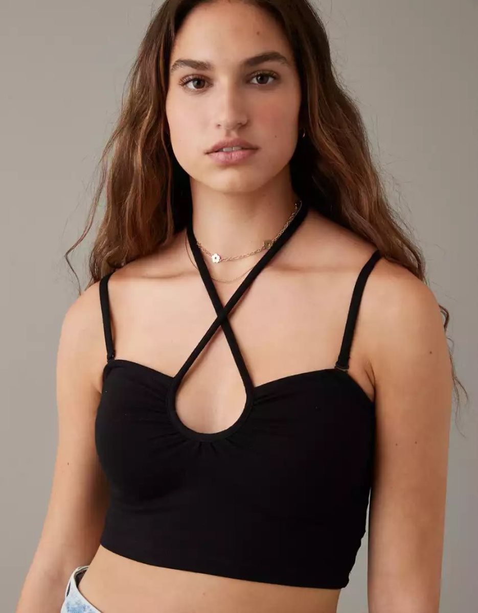 Debardeur American Eagle AE Keyhole Wrap Halter Noir Femme | UJT-92068319